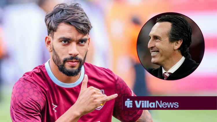 Lucas Paqueta looking happy towards a smiling image of Unai Emery in a circle inset