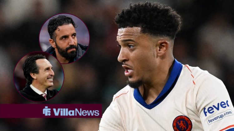 Unai Emery and Ruben Amorim in circle frames looking towards Jadon Sancho