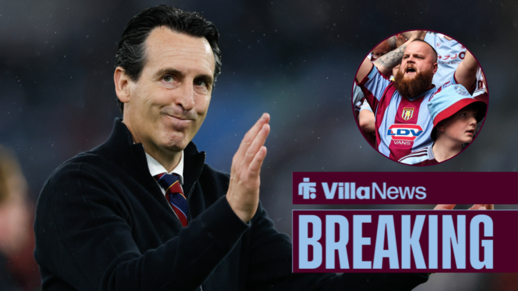 Unai Emery clapping next to a circle inset of Aston Villa fans