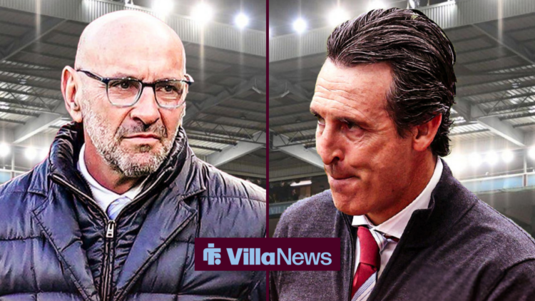 Unai Emery and Monchi looking frustrated towards each other at Villa Park