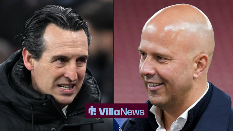 Unai Emery alongside a smiling Arne Slot