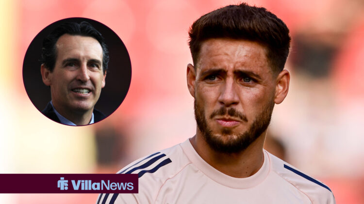 Aston Villa defender Alex Moreno looks concernedly towards Unai Emery.