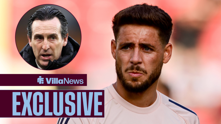 Villa News exclusive as Aston Villa defender Alex Moreno glances at manager Unai Emery.