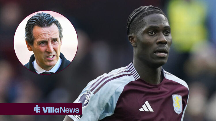 Amadou Onana in Aston Villa home shirt with a concerned Unai Emery in a circular inset