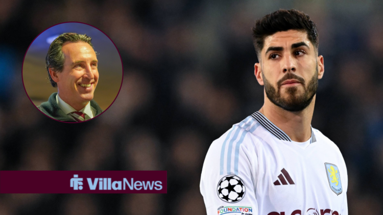 Marco Asensio during matchday for Aston Villa and Unai Emery in circular inset