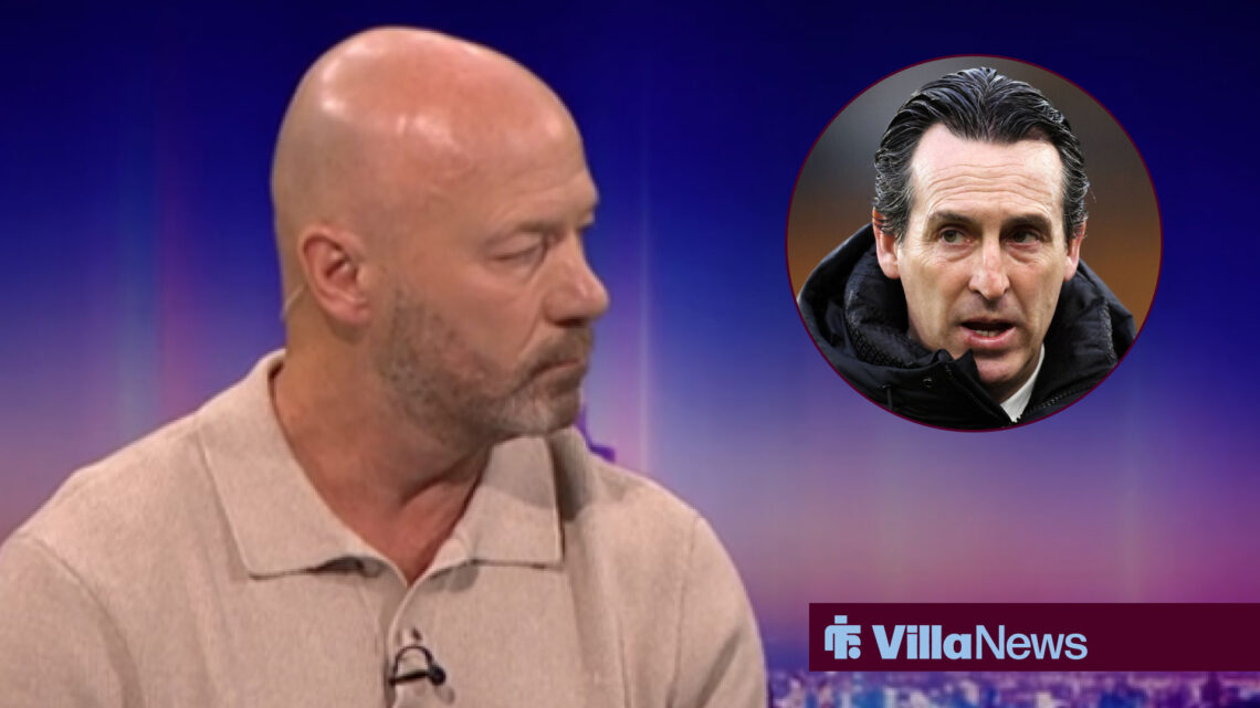 Alan Shearer looking towards a concerned Unai Emery in a circle frame