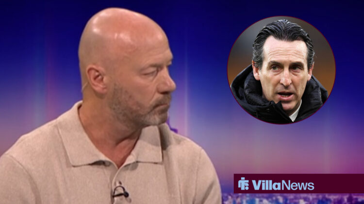 Alan Shearer looking towards a concerned Unai Emery in a circle frame