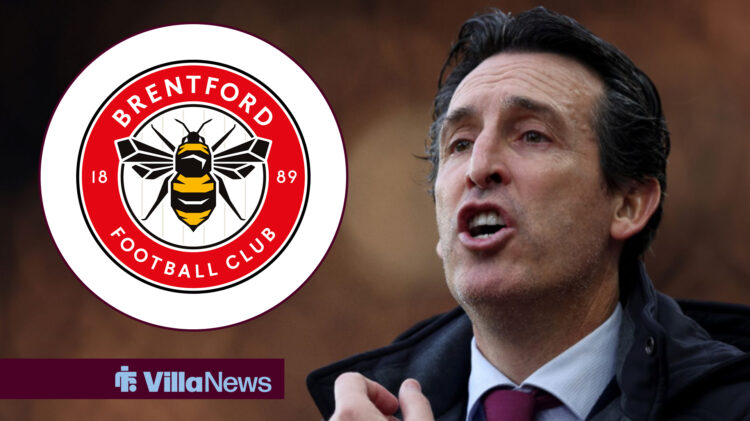 Aston Villa boss Unai Emery shouting next to a Brentford badge in a circle