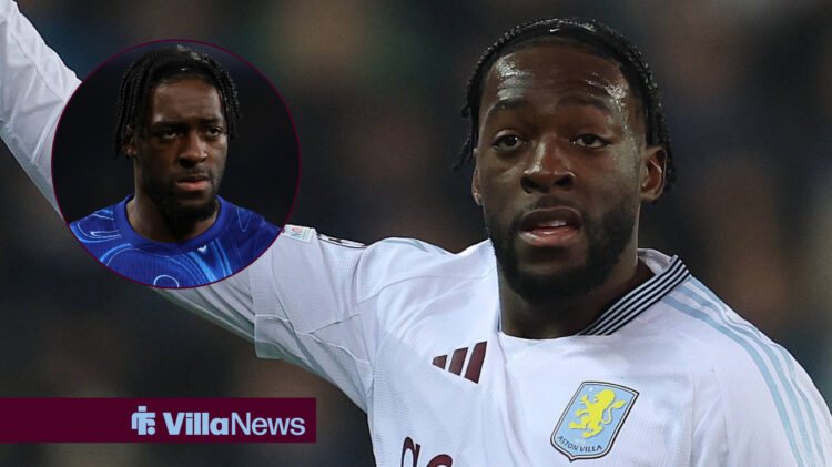 Axel Disasi wearing an Aston Villa shirt alongside an image in a Chelsea shirt