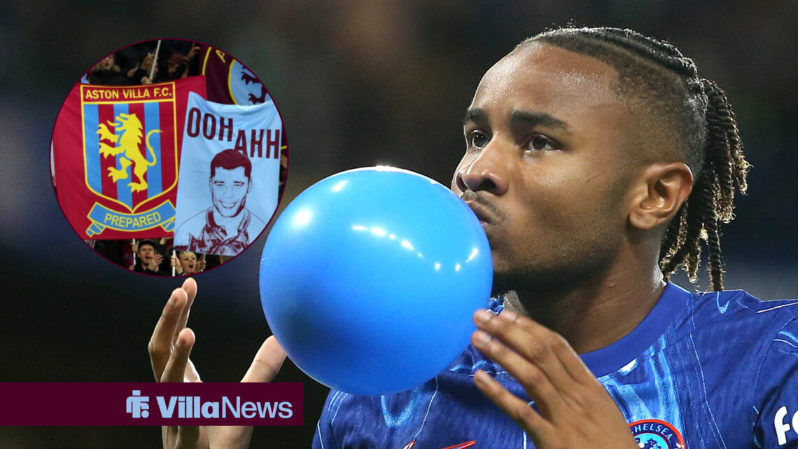 Christopher Nkunku blowing a balloon after scoring for Chelsea next to an image of Aston Villa fans at Villa Park