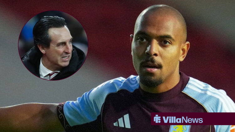 Aston Villa manager Unai Emery in a circular inset looking disappointed towards Donyell Malen
