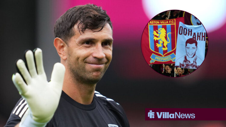 Emi Martinez waves, with a Villa flag in a circular frame