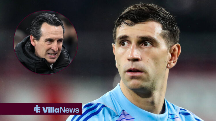 Emi Martinez looking worried towards an angry picture of Aston Villa manager Unai Emery