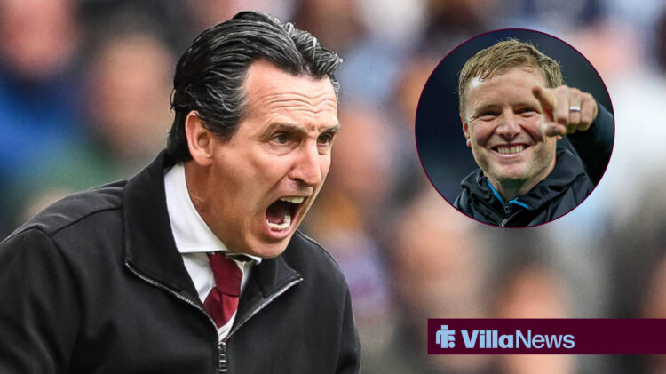 Unai Emery looks raging towards an image of Eddie Howe in a circle
