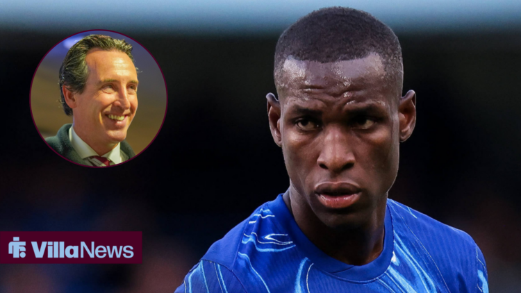 Nicolas Jackson at Chelsea looking towards a happy Unai Emery in a circular inset.