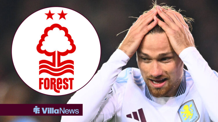 Matty Cash looking stressed at Aston Villa next to a Nottingham Forest badge