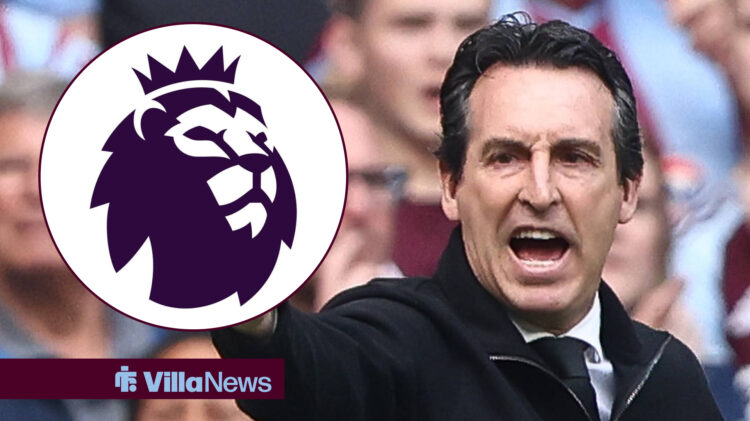 Aston Villa manager Unai Emery looking frustrated on the touchline, the Premier League badge in a circular inset.