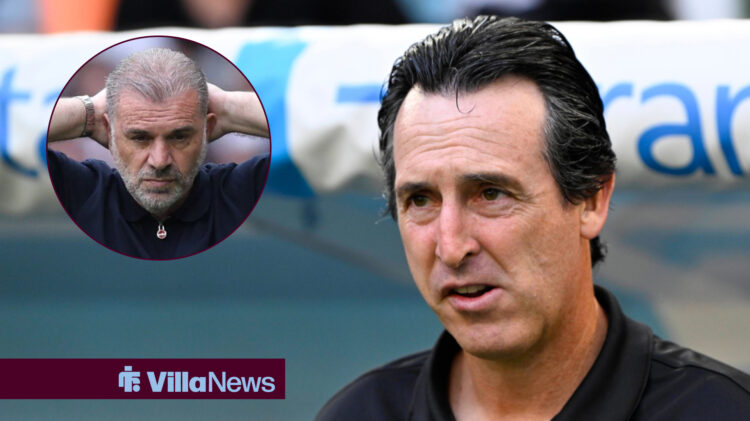 Unai Emery looking disappointed towards an sad image of Ange Postecoglou in a circle