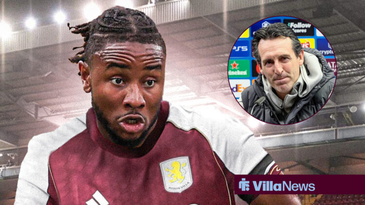 Unai Emery looking towards Christopher Nkunku wearing an Aston Villa shirt