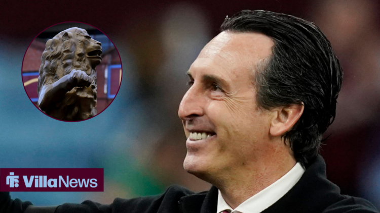 Aston Villa boss Unai Emery smiling towards a Villa Park lion in a circular inset