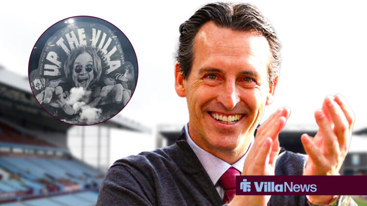 Unai Emery smiling and clapping towards the Ozzy Osbourne tifo at Villa Park in a circle
