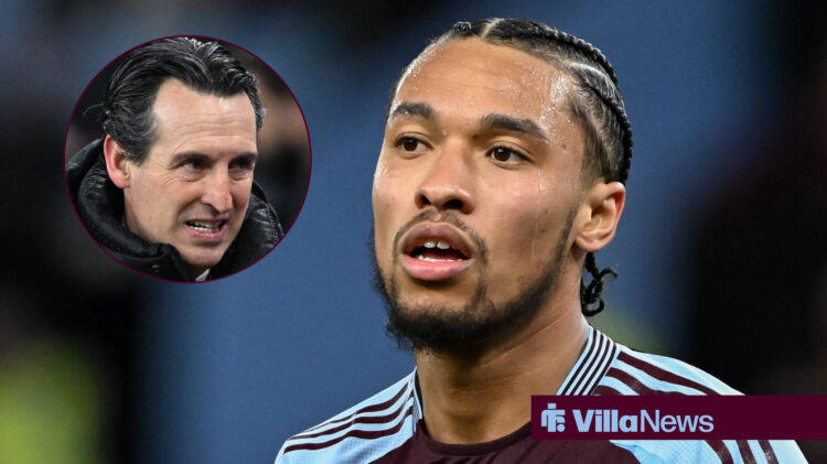 Aston Villa midfielder Boubacar Kamara with Unai Emery looking worried insert.