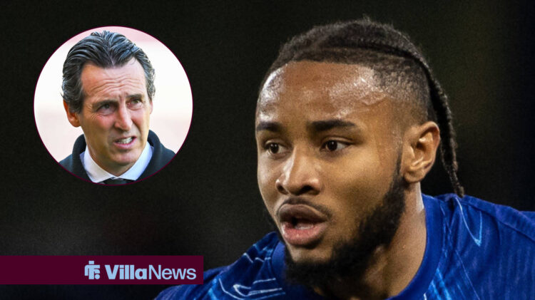 Christopher Nkunku in Chelsea home shirt, with Unai Emery in circular inset