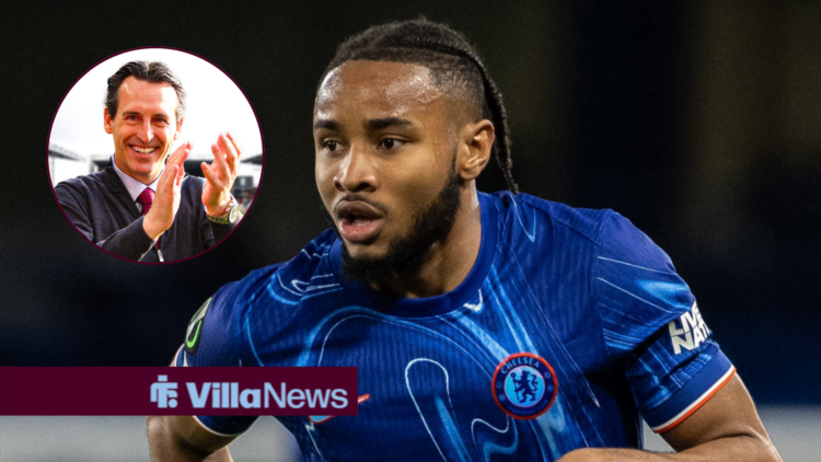 Christopher Nkunku in Chelsea home shirt with Unai Emery clapping in circular inset