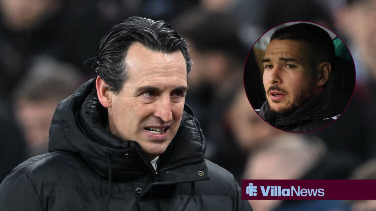 Aston Villa coach Unai Emery looking upset, Emi Buendia in circular inset