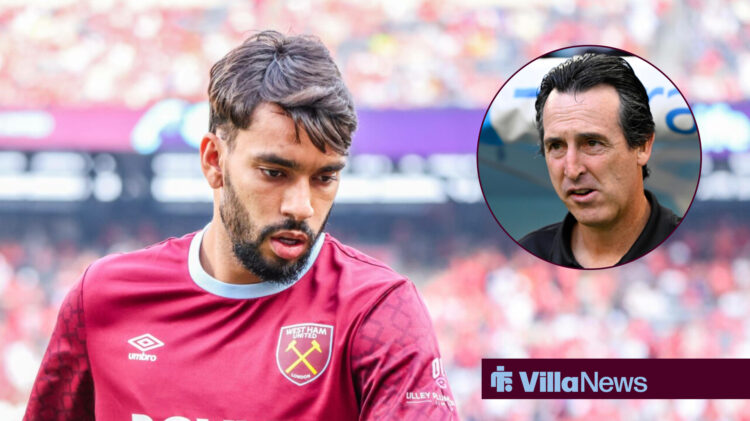Aston Villa target Lucas Paqueta looking down and Aston Villa manager Unai Emery in circular inset