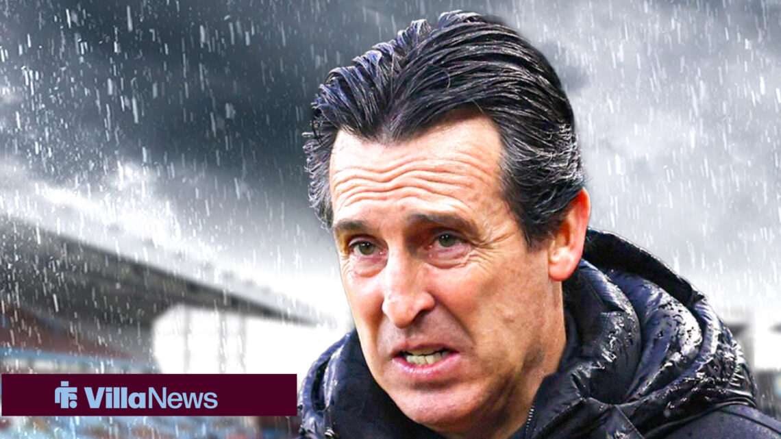 Unai Emery looking sad with rainfall behind him.