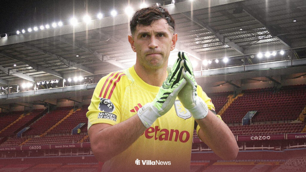 Emi Martinez in an Aston Villa shirt at Villa Park