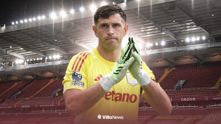 Emi Martinez in an Aston Villa shirt at Villa Park