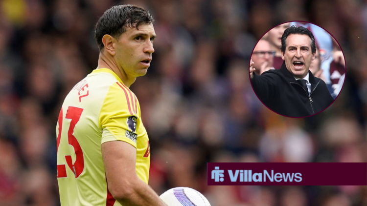 An image of Emi Martinez playing for Aston Villa, next to a circular inset of an angry Unai Emery