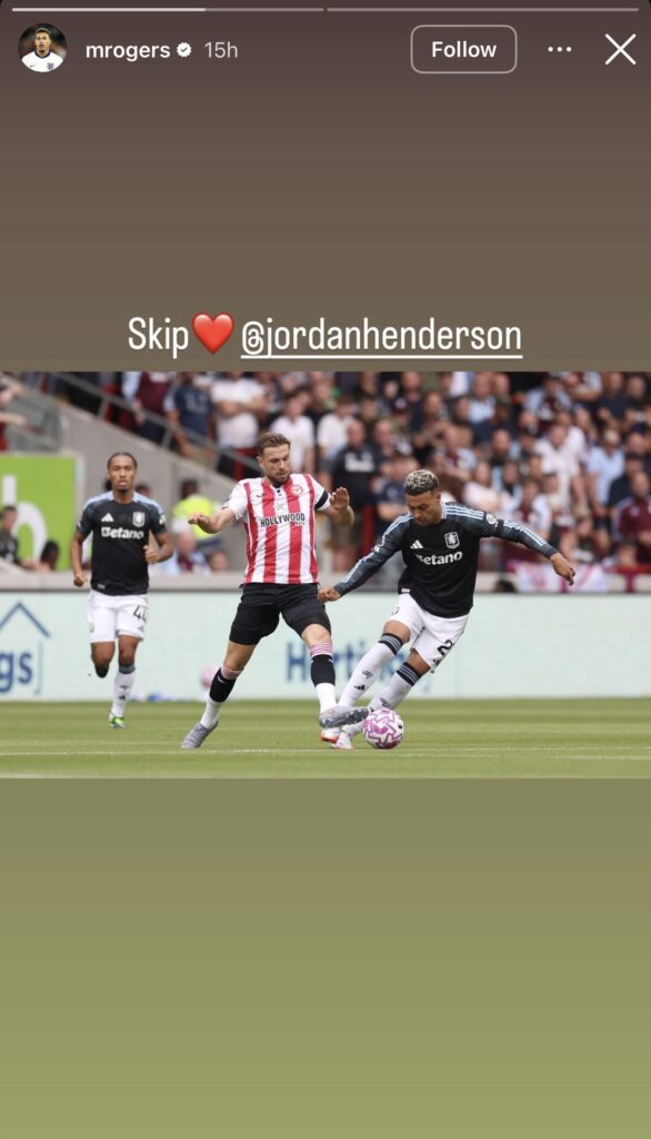 A Screenshot of Morgan Rogers' Instagram story after Aston Villa's 1-0 defeat to Brentford, with the caption "Skip" and tagging Jordan Henderson