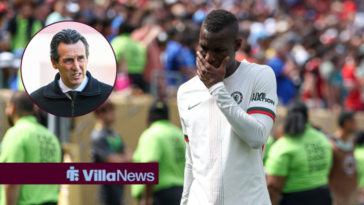 Nickolas Jackson with his hand in his face and Unai Emery in circular inset