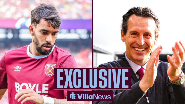 Villa News exclusive as Lucas Paqueta is in action for West Ham on the left side of the image, while Aston Villa manager Unai Emery applauds in the...