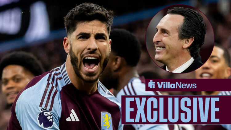 Villa News exclusive as Marco Asensio celebrates a goal while Aston Villa manager Unai Emery smiles in a circular inset.