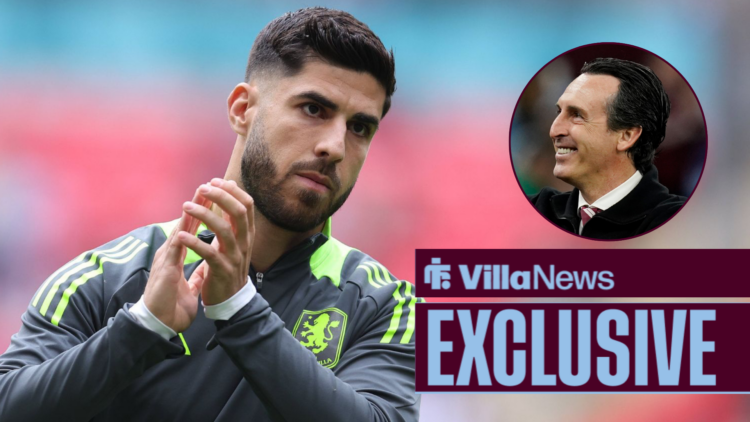 Villa News exclusive as Marco Asensio applauds while warming up, as Aston Villa manager Unai Emery grins from a circular inset.