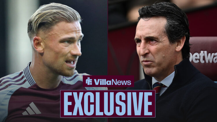Villa News exclusive as Aston Villa defender Matty Cash glances concernedly at Unai Emery, who stares across from the other side of the image.