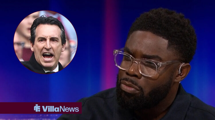 An image of Micah Richards as a pundit on Match of the Day, with a circular inset of Unai Emery annoyed included