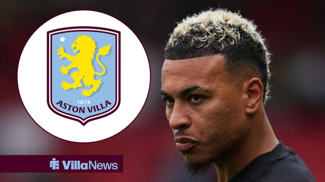 An image of Morgan Rogers warming up for Aston Villa, next to an Aston Villa badge.