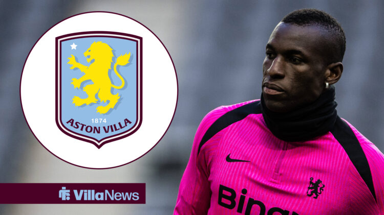 Nicolas Jackson warming up for Chelsea with a circular inset including the Aston Villa Badge