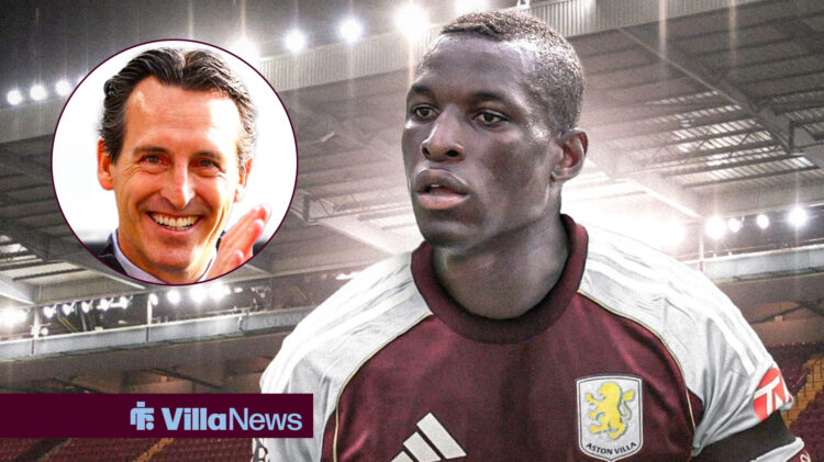 A mock-up of Nicolas Jackson in an Aston Villa home shirt with Unai Emery in a circular inset