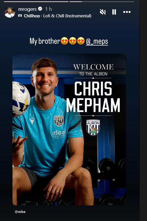 A screenshot of Morgan Rogers' reaction to Chris Mepham's move to West Brom