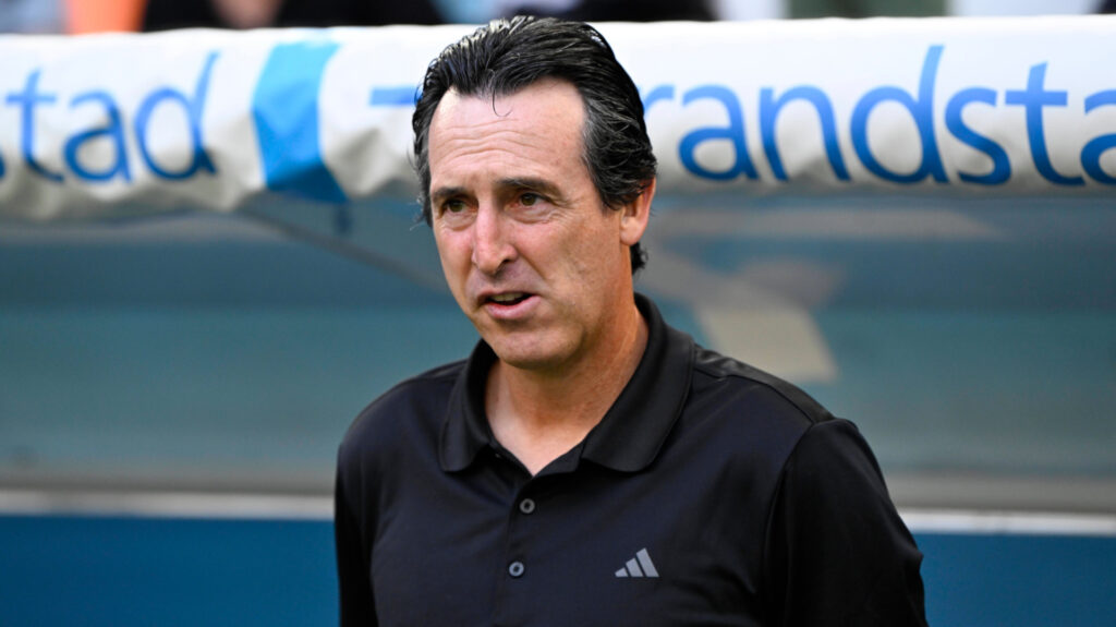 Aston Villa manager Unai Emery looks confused in the dugout.