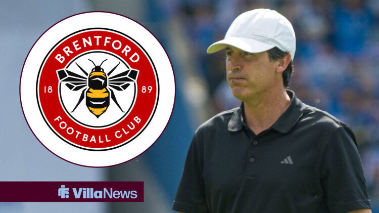 Aston Villa boss Unai Emery looks on next to a Brentford badge in a circle