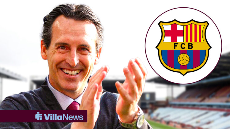 Aston Villa manager Unai Emery smiles and applauds at the Barcelona badge in a circular inset.
