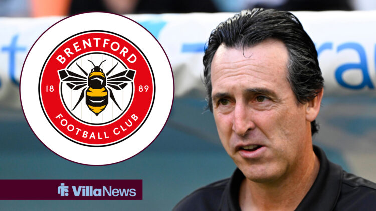 Aston Villa manager Unai Emery looking worried with Brentford badge insert.