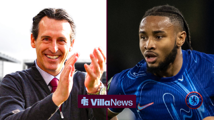 A split image featuring Aston Villa manager Unai Emery applauding Chelsea star Christopher Nkunku.
